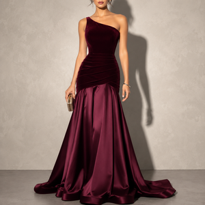 Abito da sera di lusso <span class=keywords><strong>bordeaux</strong></span> da donna, monospalla, con corpetto in <span class=keywords><strong>velluto</strong></span>, vita arricciata, in raso, modello a sirena con strascico, per feste formali, all'ingrosso - Product Image 1