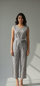 Women Woven Floral Printed Breathable Eco-Friendly Sleeveless Jumpsuit Summer Casual Wide Leg Cotton Viscose <b>Linen</b> Tie-Up Waist - Product Image 2