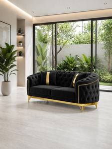 Luxury Black Chesterfield <b>Sofa</b> Set with Gold Trim Tufted Design for Living Room Hall Villa Office Lobby Contemporary Style - Product Image 3