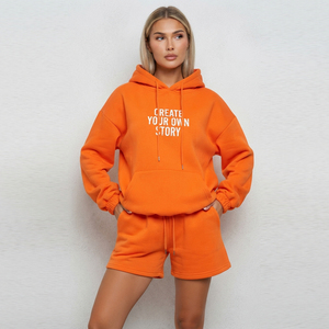 Conjunto de Sudadera con Capucha y Pantalones Cortos de Felpa de Algodón para Mujer, Estampado Personalizado, Ajuste Holgado, Otoño, Peso Pesado - Product Image 1