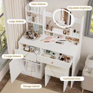 Fashionable Vanity Desk with LED Lights Cushioned Chair 3-Color Mirror Table Set for <b>Dressing</b> & Makeup - Product Image 5