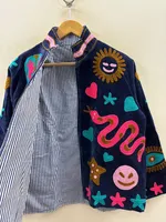 Marineblaue Samt-Winterjacke mit Blumenmuster und Gesticktem Pop-Art-Design Klassische Blau-Weiße Streifen aus Baumwollstoff