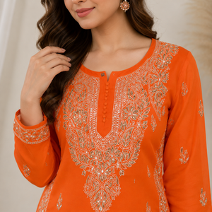 Kurti droit en coton brodé à la main style Lucknowi Chikankari, simple et élégant, tunique ethnique pour femme, Kurti orange - Product Image 3