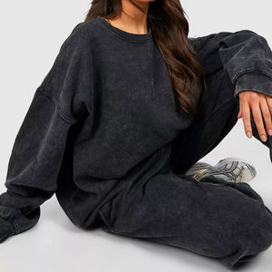 Nouvelle Collection : Ensemble Sweat à Capuche et Pantalon Bleu Ciel Délavé OEM pour Femme – Survêtement Vintage Oversize Unisexe à Épaules Tombantes - Product Image 2