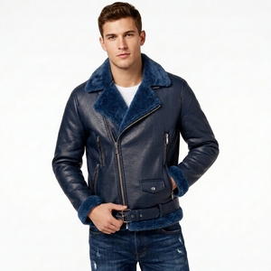 Blouson de motard en cuir noir pour homme avec col en fourrure Sherpa rose, fermeture éclair asymétrique, coupe-vent d'hiver, séchage rapide, style urbain - Product Image 3