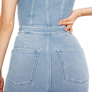 Combinaison streetwear une pièce pour femme, décontractée, coupe courte, en jean tricoté, imprimée, brodée, délavée, personnalisable - Product Image 6