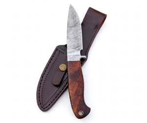 Couteau utilitaire compact artisanal en acier Damas, lame fixe, manche en bois, outil de découpe extérieur avec étui en cuir - Product Image 1
