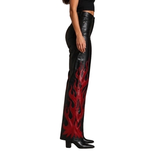 Pantalones de cuero con estampado de llamas en negro y rojo para mujer, pantalones acampanados de cuero de oveja de cintura alta, pantalones de motociclista, moda Y2K - Product Image 3