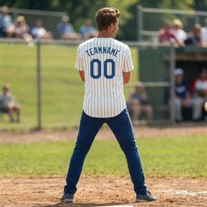 Custom Baseball <b>Jersey</b> Men's <b>White</b> Blue Striped <b>Short</b> Sleeve Breathable Sublimated Print Teamname 00 Regular Fit All Seasons - Product Image 6
