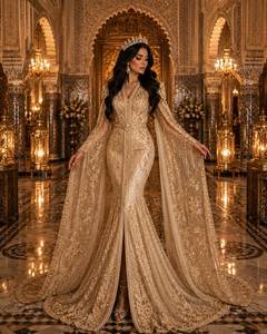 Vestido de Novia Sirena Dorado con Cuentas, Cola Capilla, Escote en V, Manga Larga, Largo hasta el Suelo, Cintura Natural, Estilo Clásico Vintage - Product Image 1