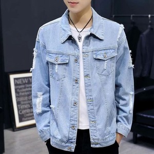 เสื้อแจ็คเก็ตยีนส์สีฟ้าอ่อนสำหรับผู้ชาย แบบลำลอง ปกคอพับ แต่งขอบรุ่ย ผ้าฝ้ายฟอก ทรงปกติ กระดุมแถวเดียว เหมาะสำหรับฤดูใบไม้ผลิ - Product Image 5