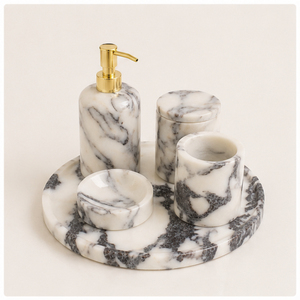 Ensemble d'accessoires de salle de bain en marbre blanc naturel de luxe, distributeur de savon, porte-brosse à dents et plateau en marbre, articles d'hôtel en gros - Product Image 4