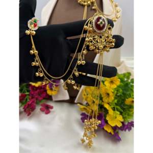 Indian Ethnic Roshni Kashmiri Jhumka Earrings with Chain-Gold Plated Pearl Bridal Jewelry - Product Image 2