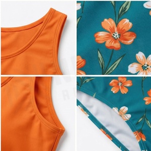 Women Floral Print 2 Piece <b>Bikini</b> <b>Set</b> <b>Orange</b> Crop Top Teal Tie Side Bottom Stretch Swimwear - Product Image 4