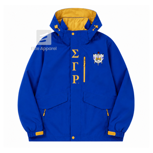 Veste coupe-vent et imperméable personnalisée Sigma Gamma Rho Sorority, bleu et or, polyester, manches longues, fermeture éclair sur le devant, logo brodé - Product Image 1