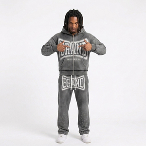 Ensemble survêtement homme gris délavé avec logo imprimé, sweat à capuche et pantalon de jogging zippé, style streetwear, coupe droite longueur pleine - Product Image 6