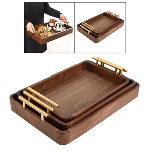 Custom Walnut <b>Wood</b> Kitchen Coffee Tableware Storage Tray <b>Set</b> with Metal Handles Dishwasher Safe - Product Image 4