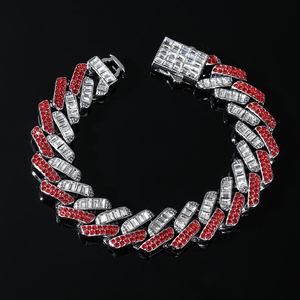 Pulsera de Cadena Cubana de 15MM con Moissanita Roja Iced Out, Chapada en Plata, Lujosa, Unisex, Joyería Hip Hop Bling - Product Image 3
