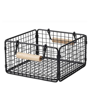Iron Wire <b>Square</b> Storage <b>Basket</b> with Wooden Handle Black Powder Coated - Product Image 1