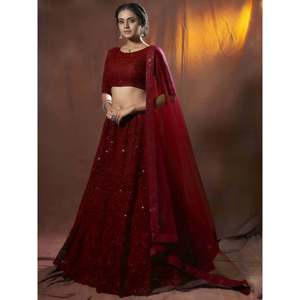 Tenue de réception de mariage : Lehenga Choli en filet brodé de fil marron avec dupatta - Product Image 5
