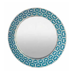 Espejo Decorativo Redondo de Pared con Marco de Patrón Geométrico Azul para Montar en la Pared del Pasillo, Sala de Estar, Dormitorio, Baño, Uso Doméstico - Product Image 1