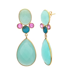 18k Gold Plated Aqua Chalcedony Long Bezel Setting 925 Sterling <b>Silver</b> <b>Earring</b> for <b>Women</b> and Girl <b>Earring</b> - Product Image 1