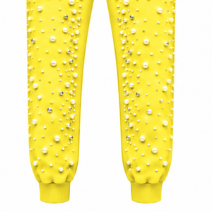 Custom Lemon Yellow Pearl Beaded <b>Jogger</b> Pants <b>Women</b> Luxury Embellished Drawstring Sweatpants Casual Streetwear <b>Fleece</b> Bottoms - Product Image 5