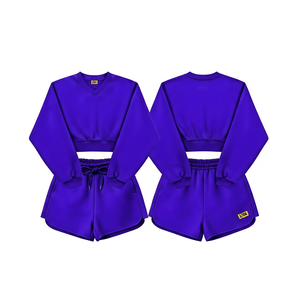 Conjunto de 2 piezas de punto para mujer, top corto y pantalones cortos, cuello en V, manga larga, color liso, informal, para todas las estaciones - Product Image 4