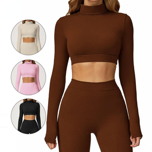 Haut de yoga court à manches longues pour femme, col roulé, extensible dans les quatre sens, séchage rapide, respirant, idéal pour l'entraînement en extérieur - Product Image 5