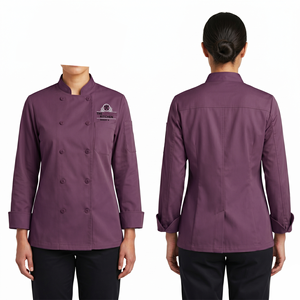 Uniforme de chef pour femme, 240 GSM, sergé en polycoton, couleur prune, double boutonnage, logo brodé personnalisé, manches longues, coupe premium - Product Image 1