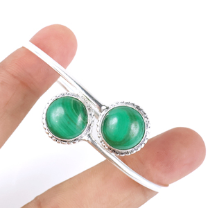 Top Natural Malachite Two-<b>Stone</b> Round Bangle <b>Bracelet</b> - 925 Sterling Silver Plated Adjustable Open Cuff Jewelry for Wholesale - Product Image 4