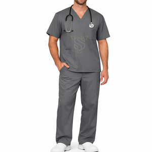 Ensemble de blouses médicales grises pour hommes, col en V, manches courtes, uniforme d'hôpital, tissu tissé en coton et polyester - Product Image 1