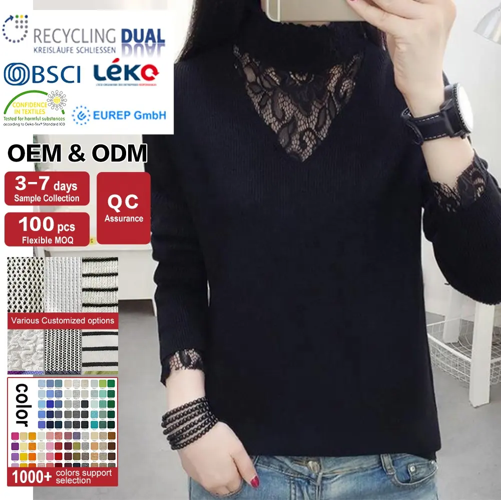 OEM/ODM Custom Women's V-Neck Sweater Solid Color Casual Style Long Sleeve Lace Knitted Pullover with Patchwork Design