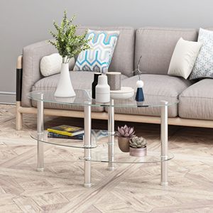 Modern Transparent <b>Oval</b> Glass <b>Coffee</b> <b>Table</b> with Stainless Steel Leg 3 Layer Tea <b>Table</b> for Living Room - Product Image 2