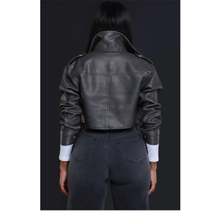 Women's PU Leather Moto Biker <b>Jacket</b> Stand Collar Button Closure Full <b>Sleeve</b> Solid Color <b>Short</b> Length Autumn Wear - Product Image 3