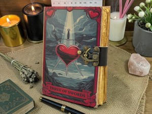 Herb Heritage Three Swords Tarot Leather <b>Journal</b> Vintage Gothic Wiccan Spell <b>Book</b> Sewing Bound 200 Sheets Deckle Edge Paper - Product Image 2