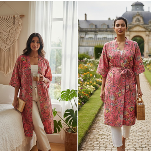 ชุดกิโมโนผ้าฝ้ายพิมพ์ลายดอกไม้ป่า สำหรับผู้หญิง คอวี แขนยาว ความยาวเต็มตัว มีกระเป๋าหน้า 2 ช่อง พร้อมเชือกผูกเอว ชุดนอน - Product Image 5