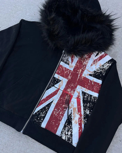 Custom Unisex Hoodie Heavyweight 380GSM Terry Fabric <b>Fur</b> Hood Windproof Acid Wash Graphic Distressed Flag Print Oversized - Product Image 4