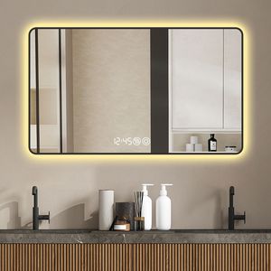 Specchio LED da Bagno di Alta Qualità 48x32 con Cornice Nera, Montaggio a Parete, Luce Tricolore, Funzione Antiappannamento, Display Temperatura, Angoli Arrotondati - Product Image 1