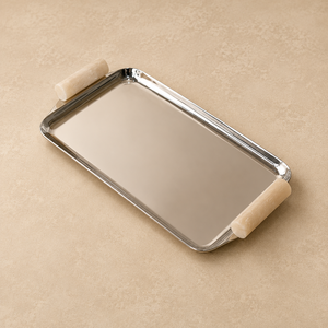 Luxury Stainless Steel Serving <b>Tray</b> with White Marble Handles Premium <b>Mirror</b> Finish Luxury <b>Rectangular</b> Display Platter - Product Image 1