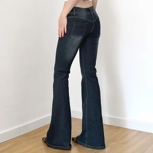 Blue Vintage Low Waist Skinny Denim <b>Jeans</b> Patchwork Woven Custom Logo Breathable Button for Wash - Product Image 3