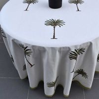 Nappe ronde 4 places en lin 150 cm motif palmier méditerranéen, lavable, faite main, pour la maison - Vente chaude