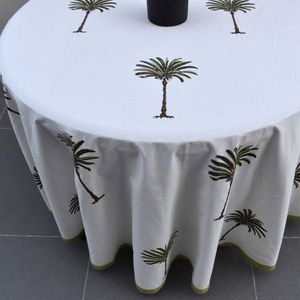 Nappe ronde 4 places en lin 150 cm motif palmier méditerranéen, lavable, faite main, pour la maison - Vente chaude - Product Image 5