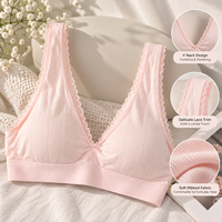 Soutien-gorge bralette pour femme à col en V profond, bretelles larges, bordure en dentelle, côtelé, avec bande large sous le buste, pour usage quotidien
