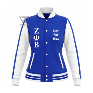 เสื้อแจ็คเก็ตวาร์ซิตี้สำหรับผู้หญิง Zeta Phi Beta ของกรีซ ขายส่ง ปักลายตามสั่ง เสื้อแจ็คเก็ต Letterman สำหรับชมรมนักศึกษา สีน้ำเงินขาว แบบ Bomber Coat - Product Image 1