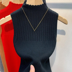 Camiseta sin mangas de punto acanalado retro, top de verano sin mangas con cuello alto y corte ajustado para uso casual, streetwear y diario - Product Image 4