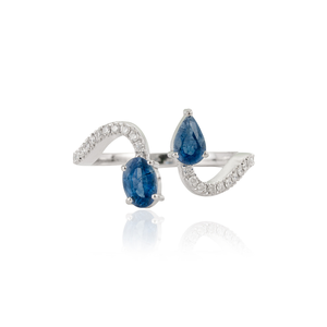 Anillo Toi et Moi Ondulado de Oro Blanco Sólido de 14K con Zafiro Azul y Diamantes, Novedad al por Mayor, Proveedor de Joyería Personalizada - Product Image 1