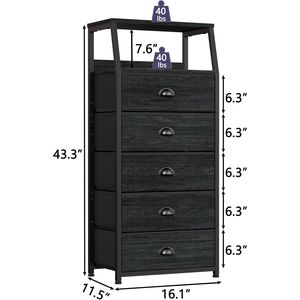 Commode en tissu noir avec 5 tiroirs, tour de rangement verticale pour chambre à coucher - Product Image 3