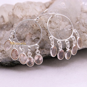 Pendientes de Plata de Ley 925 al por Mayor con Cuarzo Rosa Natural Ovalado y Flecos Circulares, Joyas Memoria - Product Image 5