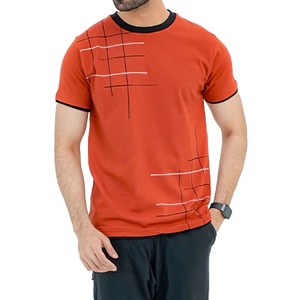 Camiseta de Manga Corta para Hombre, Color Naranja Sólido, con Ribete en Contraste, Corte Regular, Cuello Redondo, Algodón Tejido, Estilo Urbano Ecológico - Product Image 2